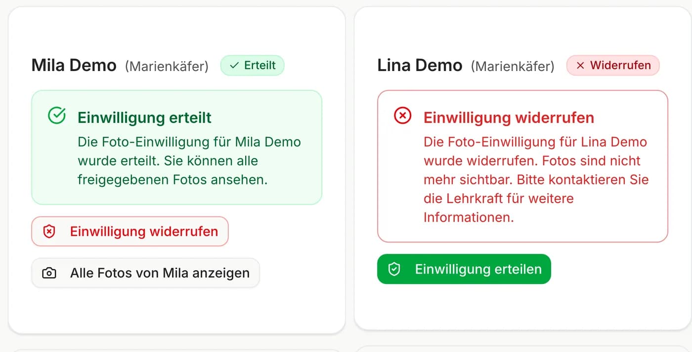 Eltern-Ansicht: links Einwilligung erteilt, rechts Einwilligung widerrufen