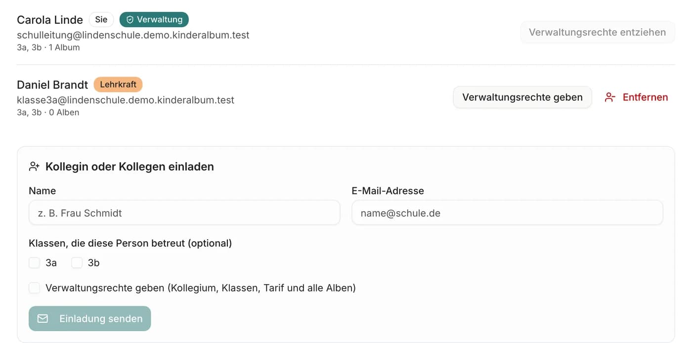 Schulverwaltung: Kollegium mit Rollen Verwaltung und Lehrkraft, Kollegin einladen