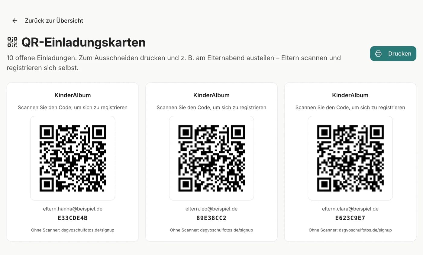QR-Einladungskarten zum Ausdrucken, je eine Karte mit Code für jede Familie