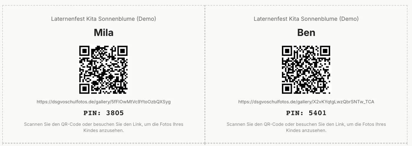 Druckbare Eltern-Zettel mit Kindername, QR-Code, Link und PIN