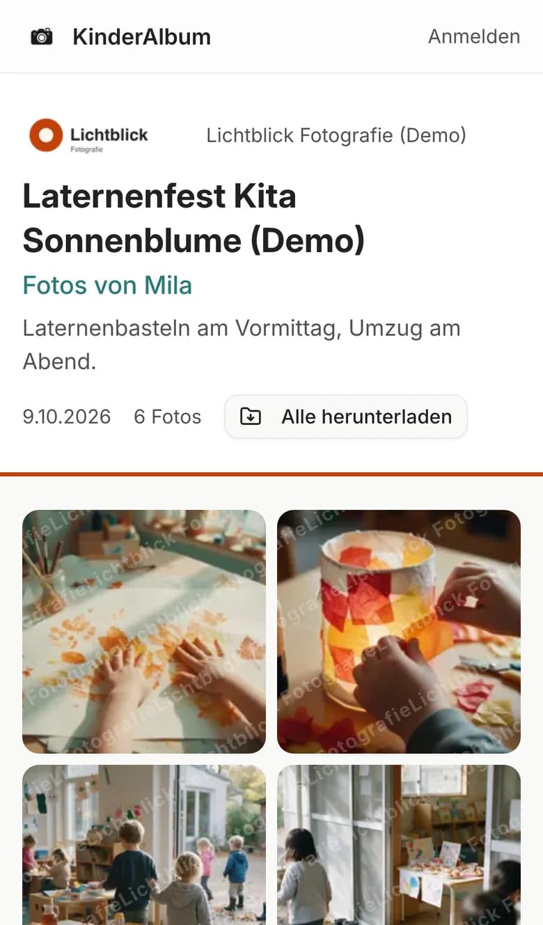 Eltern-Galerie auf dem Handy: Logo des Fotografen, Fotos von Mila, Button Alle herunterladen